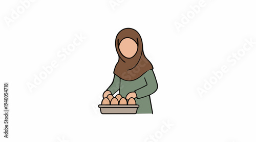 Woman in Brown Hijab and Green Top Holding Tray of Eggs on White Background