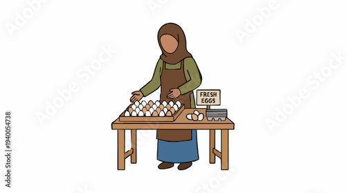 Woman Wearing Hijab and Apron Arranging Eggs at a Market Stall with a Cash Register on a Wooden Table