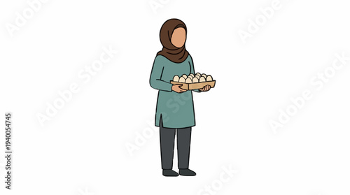 Woman Wearing Hijab and Teal Tunic Holding a Tray of Eggs on a White Background