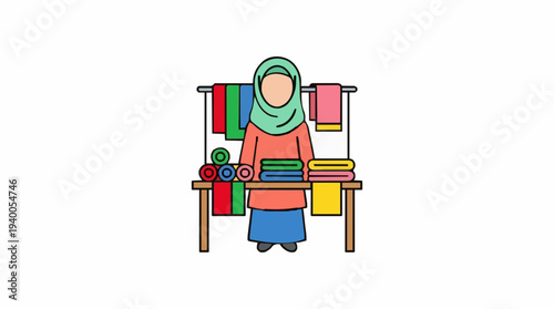 Woman Wearing Hijab Selling Colorful Textiles and Fabrics from a Stall with Folded Cloths and Hanging Towels in Vibrant Hues