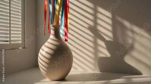 Sunlight stripes fall on a beige vase with vibrant ribbons