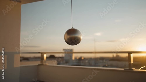 Metallic disc hanging on a modern balcony during golden hour