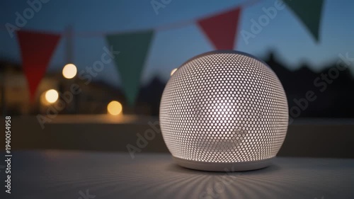 Modern perforated lamp glowing brightly with festive party flags