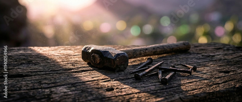 Rustic nails with hammer on good friday theme. Hammer and rusty nails rest on a weathered wooden surface with sunlight streaming in. The nails are scattered next to the hammer, showcasing worn metal t
