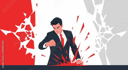 Angry businessman smashing through wall, breaking barriers, frustration, aggression, business concept