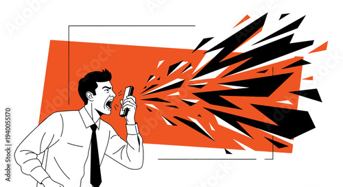 Angry businessman shouting on phone, exploding with rage and stress, communication breakdown