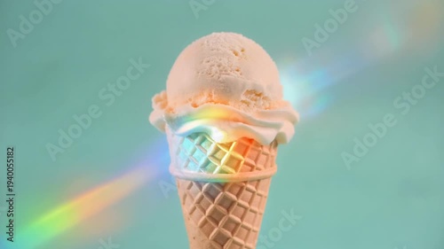 Refreshing vanilla ice cream cone against teal background