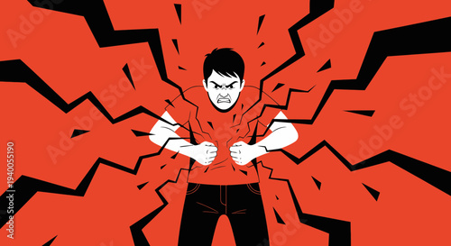 Angry Man Exploding with Rage, Frustration, and Stress - Abstract Red Background