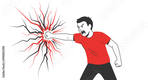 Angry Man Punching Wall, Breaking Through With Red Energy Burst