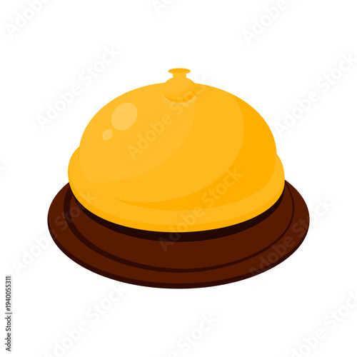 Flat Illustration of Golden Service Desk Bell on Wooden Base for Hotel Reception Customer Service Notification and Hospitality Concept