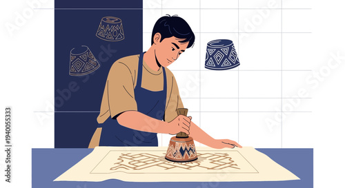 Artisan creating traditional textile pattern with stamp