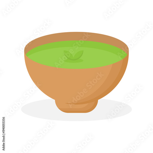 Flat Illustration of Green Tea in Traditional Bowl with Simple Minimal Style