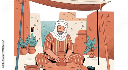 Artisan Potter Crafting Clay Vessel on Wheel in Traditional Middle Eastern Village