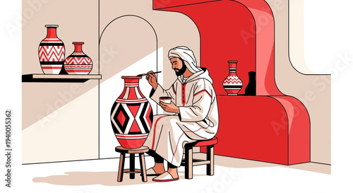 Artisan painting traditional pottery in a workshop, cultural heritage, handcrafted ceramics