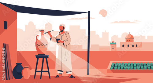 Artisan painting pottery in a sunlit Middle Eastern courtyard