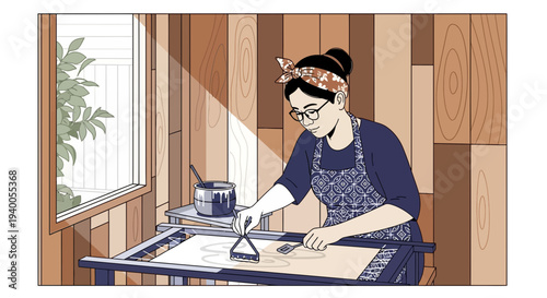 Artisan woman creating batik fabric with wax and brush in a sunlit workshop