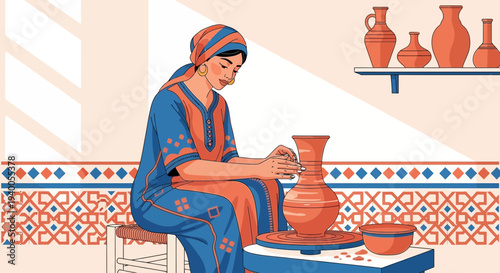 Artisan woman shaping clay on pottery wheel, traditional craft, detailed illustration