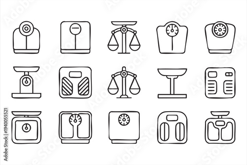 Body Weight And Bathroom Scale Line Icon Set For Fitness And Health Tracking