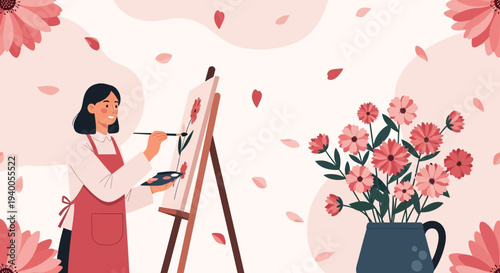 Artist painting flowers on canvas, creative hobby, spring inspiration, artistic woman