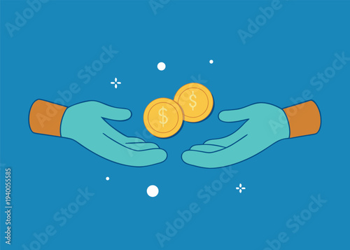 Two stylized cyan hands with orange cuffs frame two floating golden dollar coins on a solid blue background with small white decorative elements.