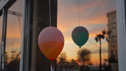Two-toned balloons against a vibrant city sunset reflection