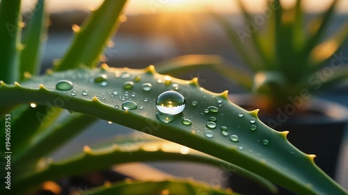 Golden light illuminates fresh water drops on an aloe vera leaf