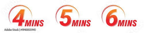 Bold circular timer icons showing 4, 5, and 6 minutes. Vector Illustration, 