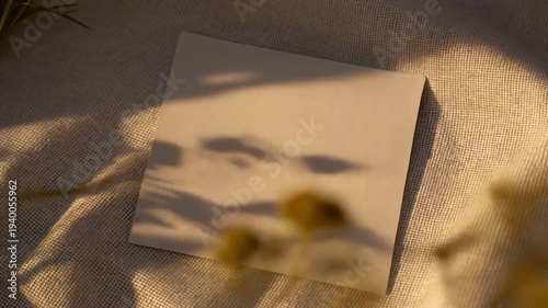 Blank card with dried plant and warm shadows on textured fabric