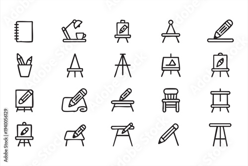 Artist Workspace Line Icon Collection With Easel Sketchbook And Pencil