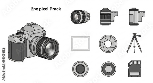 Camera and photography equipment icons set including lenses tripod and memory card on white background