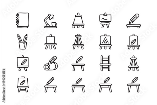 Art Studio Equipment Line Icons With Easel Desk Lamp And Drafting Tools