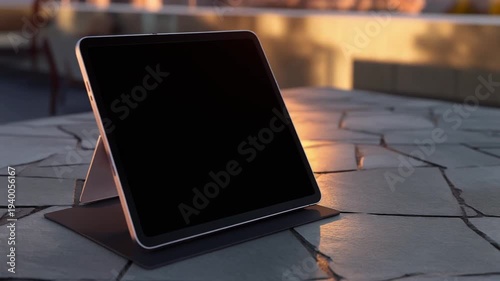 Modern tablet computer on stone patio at sunset