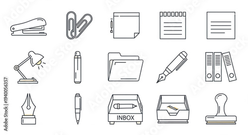 Office supplies and stationery icons set including stapler paperclip folders pen pencil inkwell and binder clips on white background for business and organization