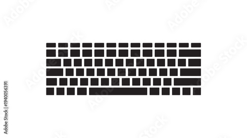Keyboard icon with black keys and white background, simple vector graphic representation of typing equipment.