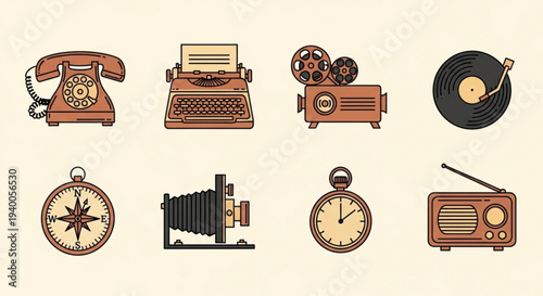 Vintage communication and media icons set with retro telephone typewriter film reel vinyl record compass camera clock and radio on beige background