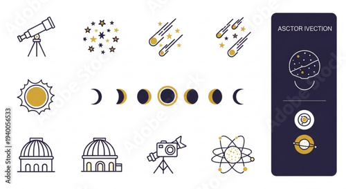 Astronomy icons set with telescope planets stars moon phases on white background for science and education