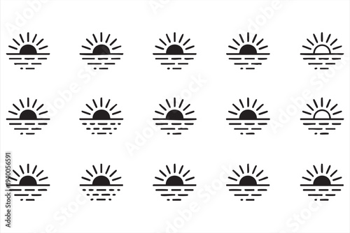 Minimal Sun Horizon And Sea Reflection Outline Icons For Nature Design