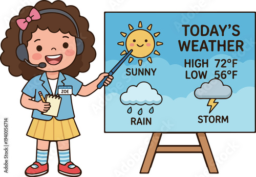 Kid weather forecaster presenting weather forecast cartoon illustration