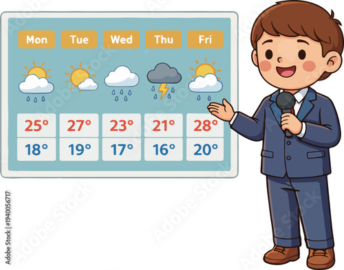 Kid weather forecaster presenting weather forecast cartoon illustration