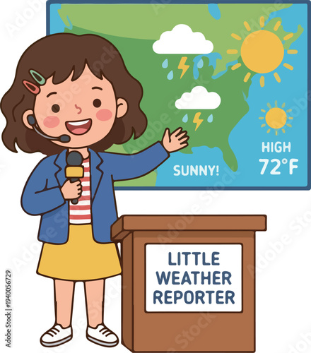 Kid weather forecaster presenting weather forecast cartoon illustration