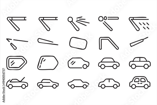 Car Maintenance And Windshield Wiper Line Icons For Automotive Design