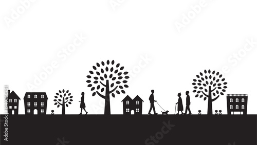 Silhouettes of a suburban street scene with houses, trees, people, and a dog walking in profile against a white background.