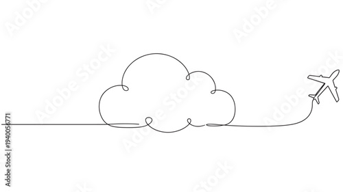 Airplane with cloud line art continuous drawing, abstract aviation travel concept. featuring aircraft, aeroplane, plane with sky and journey elements