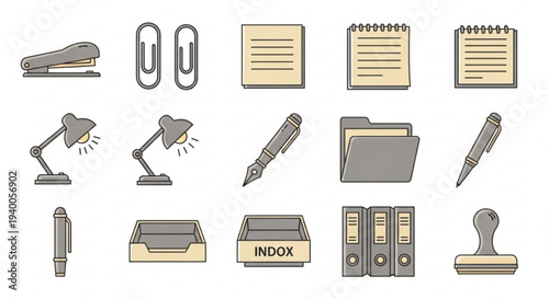 Office supplies and stationery icons including stapler paper clips notebooks lamps pens folders and binders on white background for business and organization
