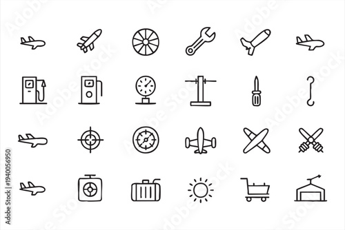 Airplane Aviation And Airport Equipment Outline Icons