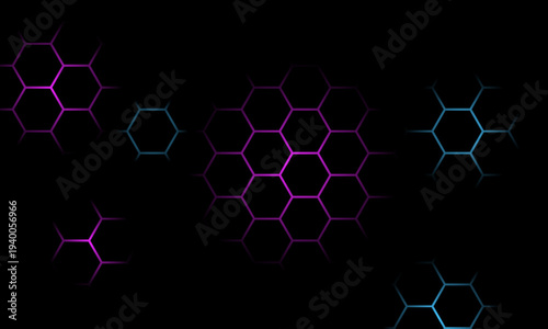 Modern hexagonal technology backdrop featuring neon blue and magenta flashes with a dark grid pattern, ideal for gaming, cyber, and futuristic design projects.