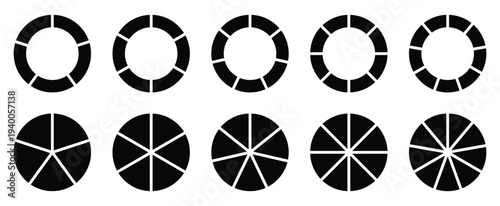 Circle pie chart diagram. black color diagram collection with sections or steps. 56,7,8,9,10,11,12 segment infographic. donut and pie chart, 