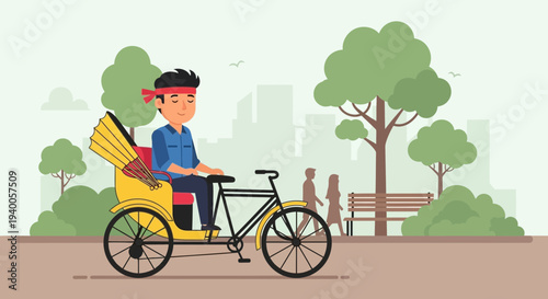 Asian Rickshaw Driver in Park with Pedestrians and Cityscape Background