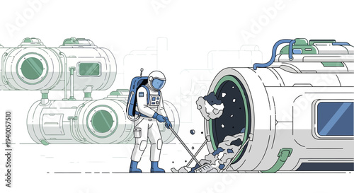 Astronaut cleaning space debris from a portal, futuristic space station background