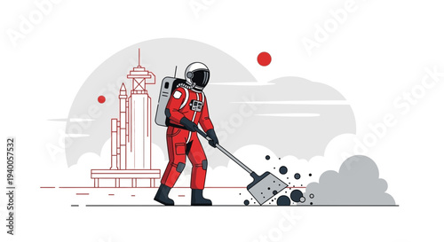 Astronaut cleaning space debris with shovel near rocket launchpad, science fiction concept